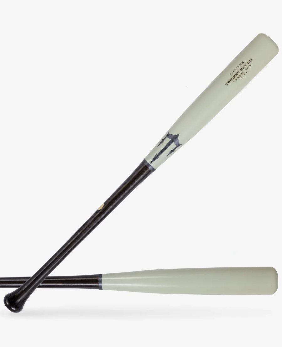 Trident TAP5 maple wood baseball bat with a black handle and bone barrel, used as a custom deal toy and trophy bat
